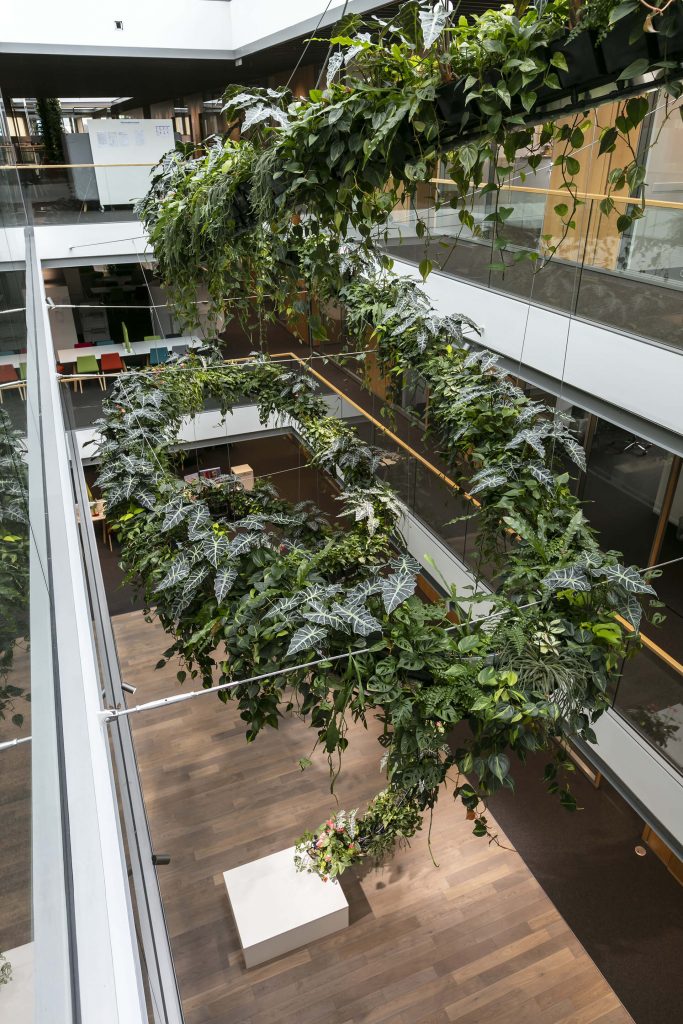 seitliche Ansicht aus einem der Stockwerke wie sich eine flexible Hängeinstallation mit Pflanzen die in einer Spirale von der Decke, am Betrachter vorbei über mehrere Stockwerke bis ins Erdgeschoß windet