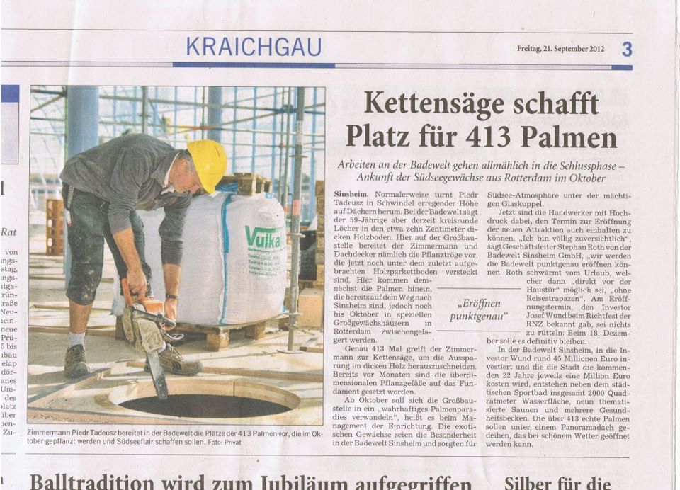 Zeitungsausschnitt : Kettensäge schafft Platz für 413 Palmen.