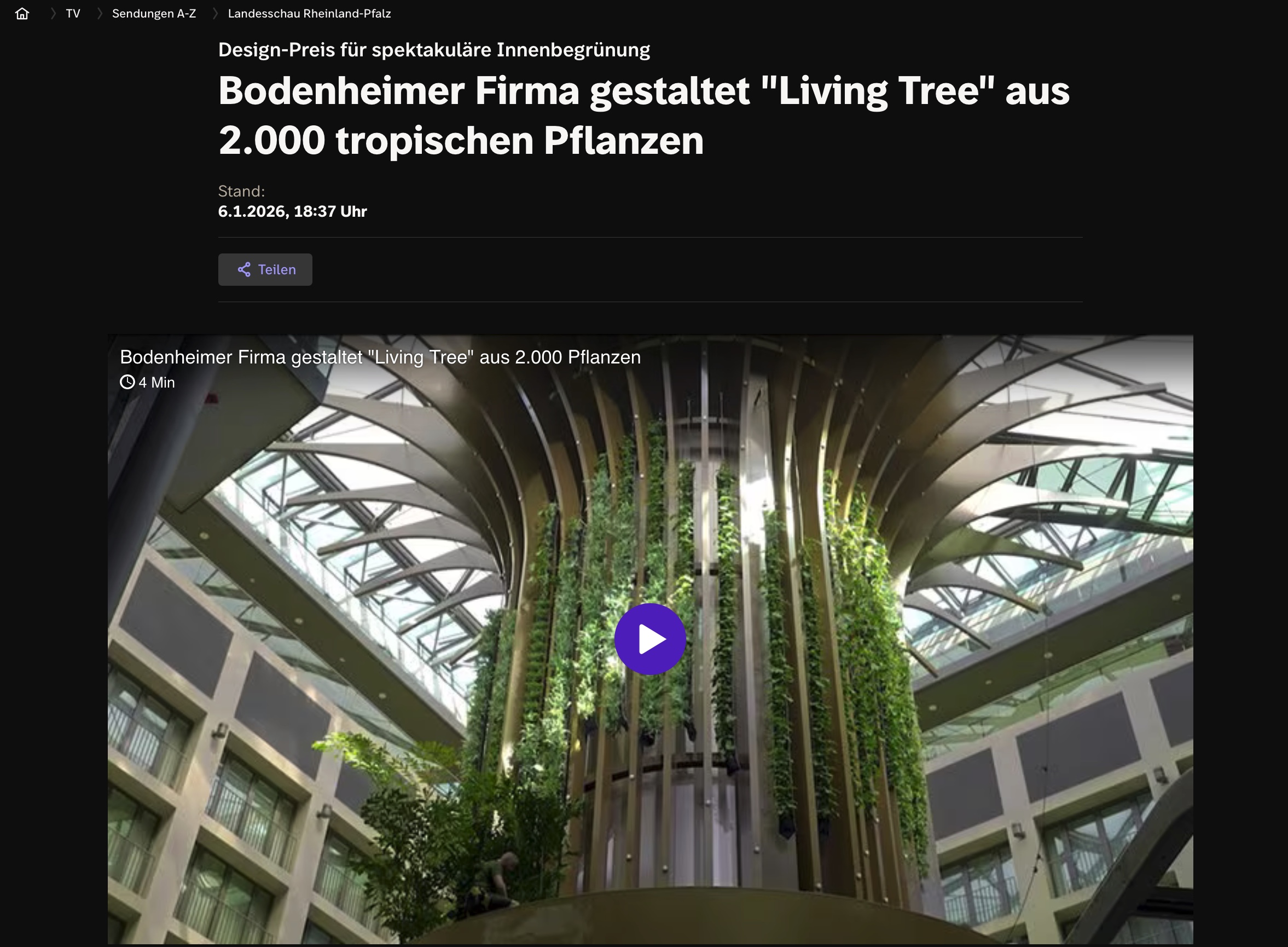 Sendezeit für Innenraumbegrünung: Bodenheimer Firma gestaltet Living Tree aus 2.000 tropischen Pflanzen